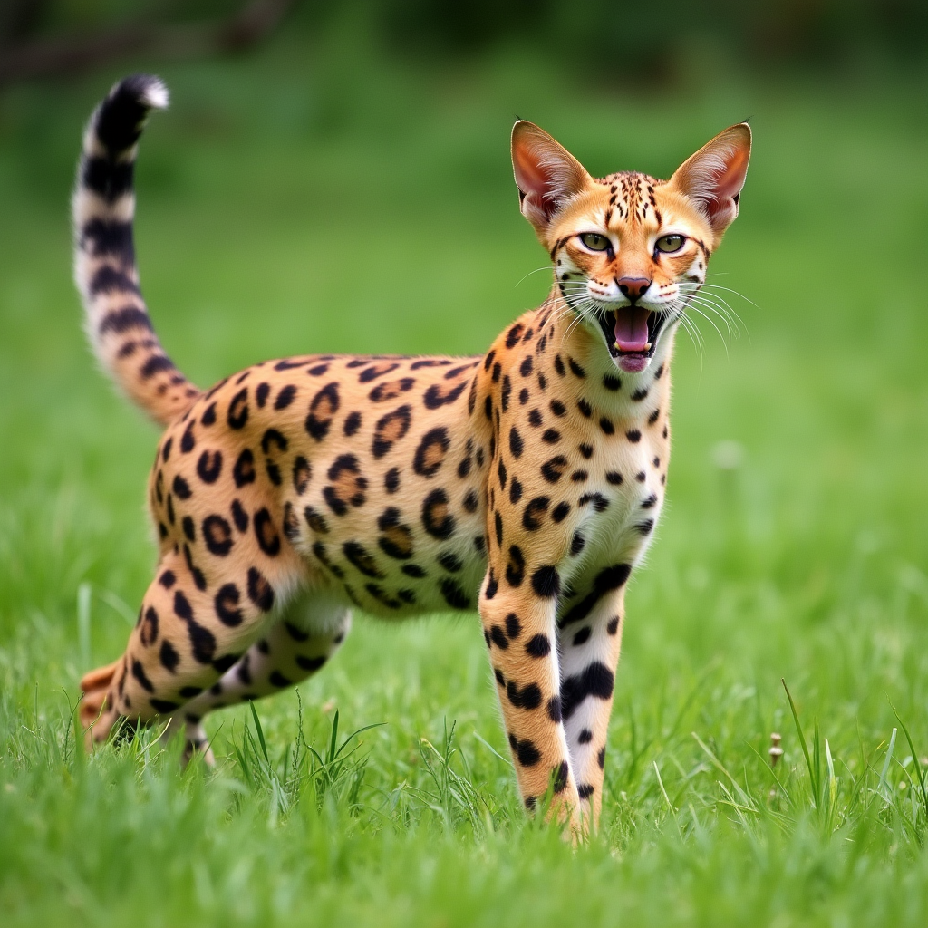 Majestuoso gato de raza grande Savannah con un elegante pelaje moteado, posando sobre un prado verde. Descubre más sobre esta impresionante raza de gatos grandes en Topcats, ¡haz clic aquí para saber más!