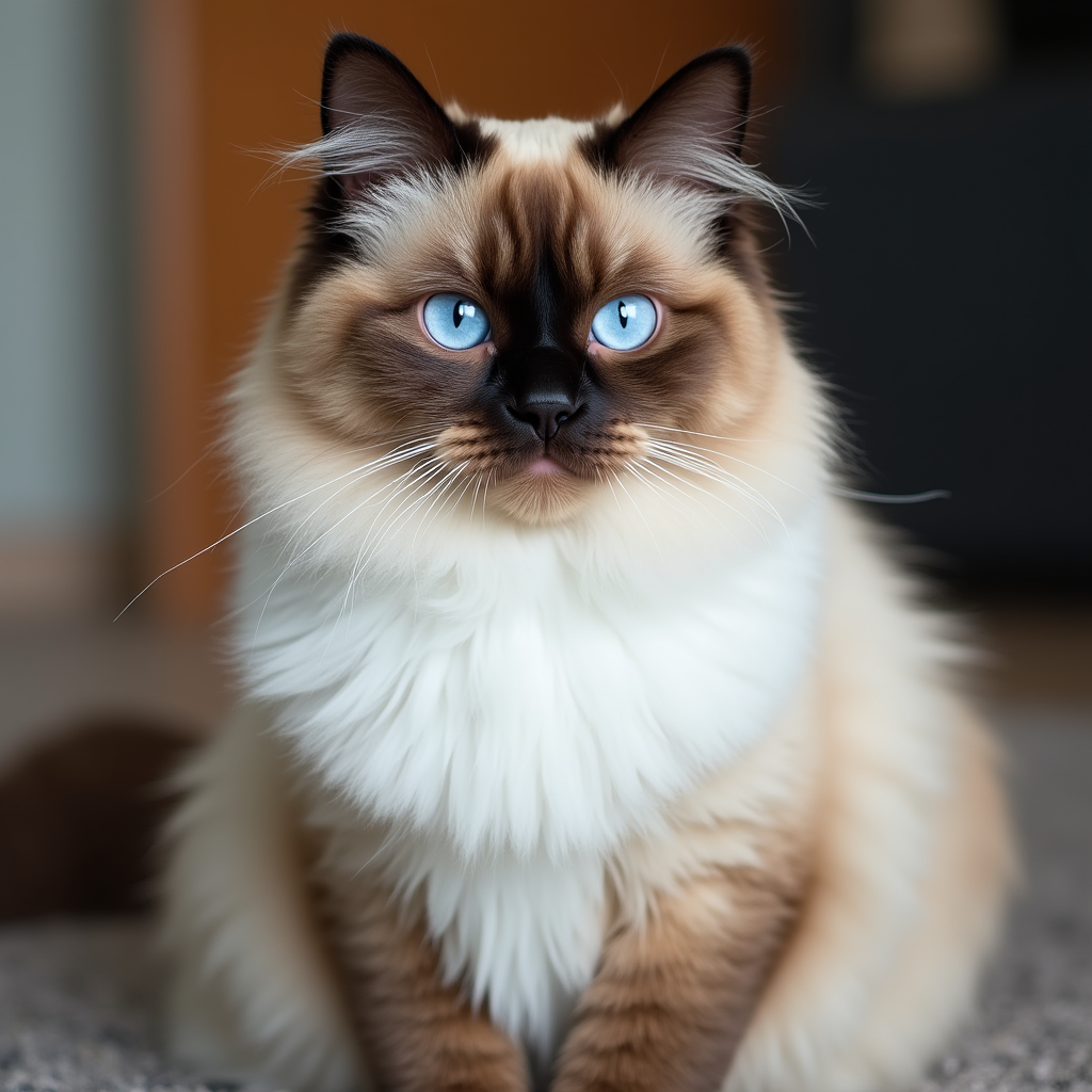 Hermoso gato de raza grande Ragdoll con un pelaje sedoso en tonos marrón y blanco, posando en un ambiente acogedor. Descubre más sobre esta encantadora raza de gatos grandes en Topcats, ¡haz clic para conocerla mejor!