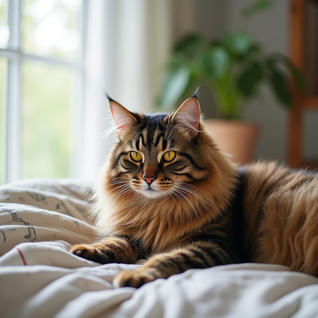 Espléndido gato de raza grande Noruego del Bosque con un pelaje rayado y denso, relajado en un entorno natural y luminoso. Descubre más sobre esta fascinante raza de gatos grandes en Topcats, ¡haz clic aquí para conocerla mejor!