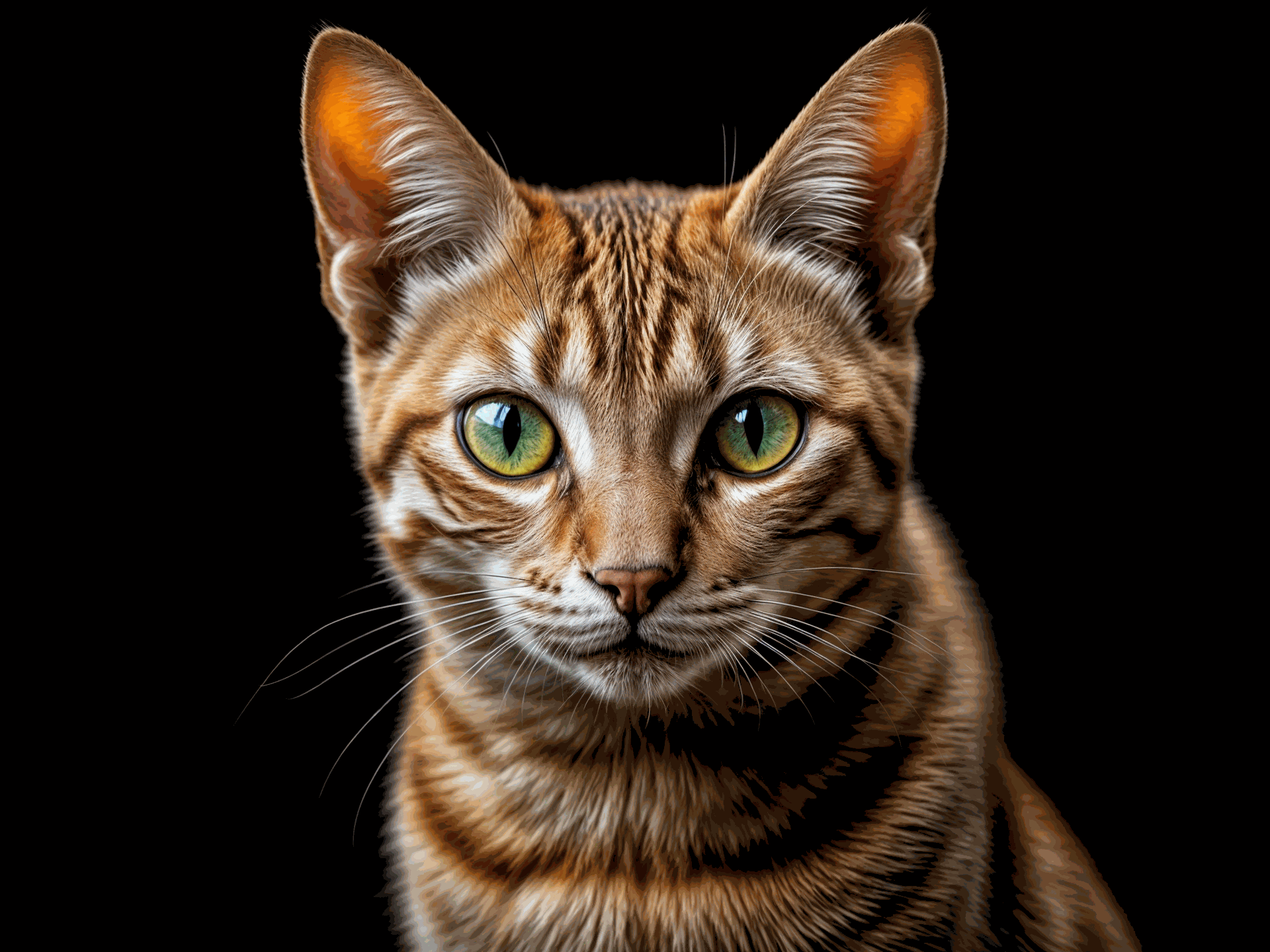 Impresionante gato de raza grande Chausie con un pelaje dorado y corto, posando sobre un fondo oscuro. Descubre más sobre esta exótica raza de gatos grandes en Topcats, ¡haz clic aquí para saber más!