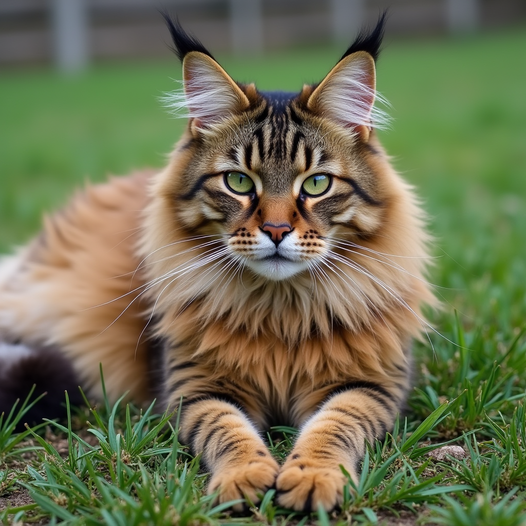 Majestuoso gato de raza grande Maine Coon con un pelaje rayado y denso, descansando sobre un césped al aire libre. Descubre más sobre esta impresionante raza de gatos grandes en Topcats, ¡haz clic aquí para saber más!