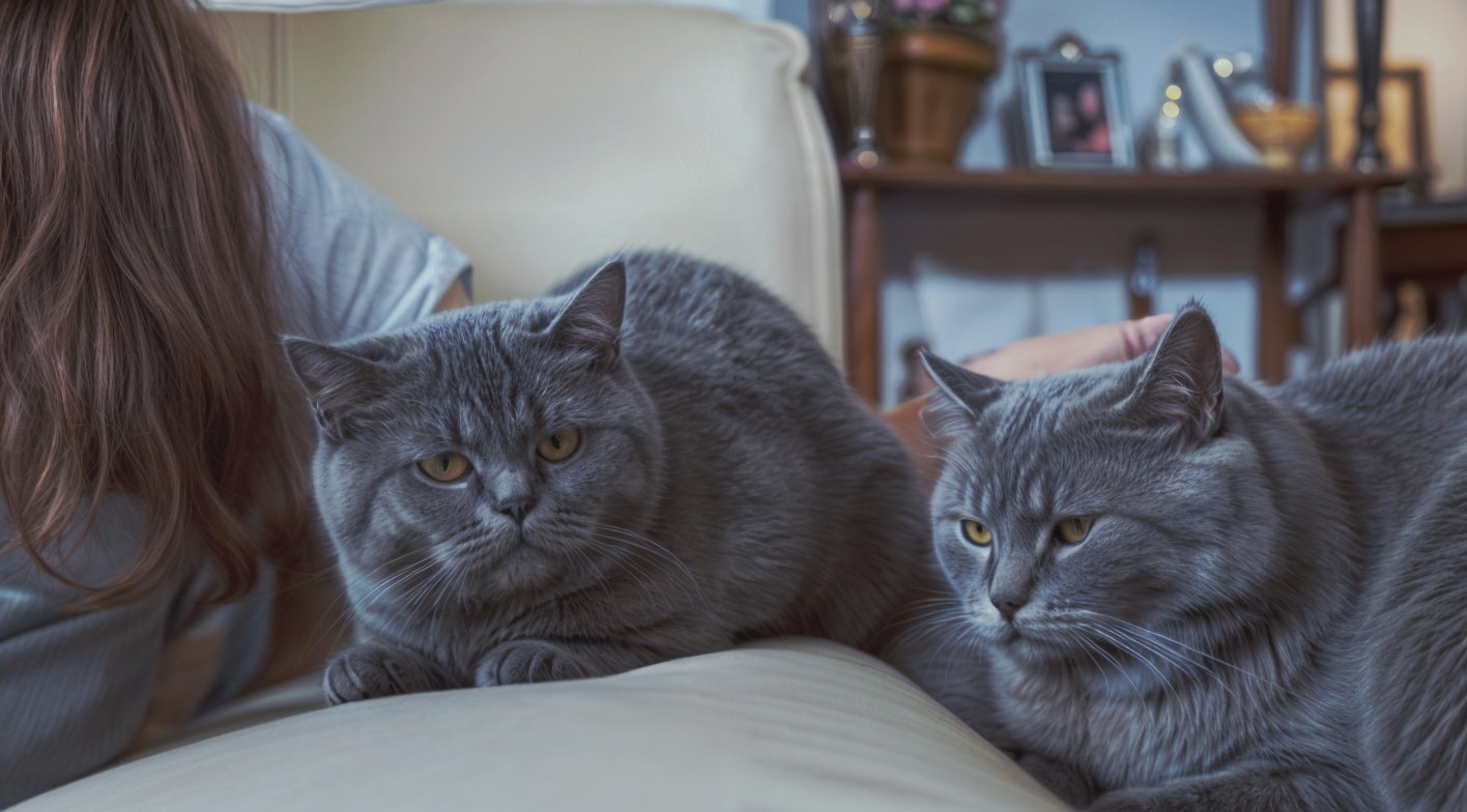 Dos gatos British Blue descansando sobre un sofá claro en un hogar acogedor. Su elegante pelaje gris y mirada serena son perfectos para familias tranquilas.