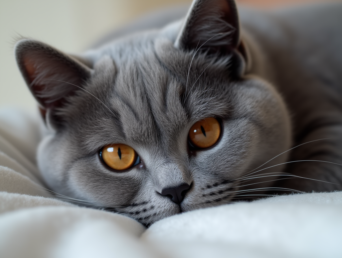 Primer plano de un gato British Blue con pelaje gris azulado y ojos ámbar penetrantes, descansando en un ambiente sereno