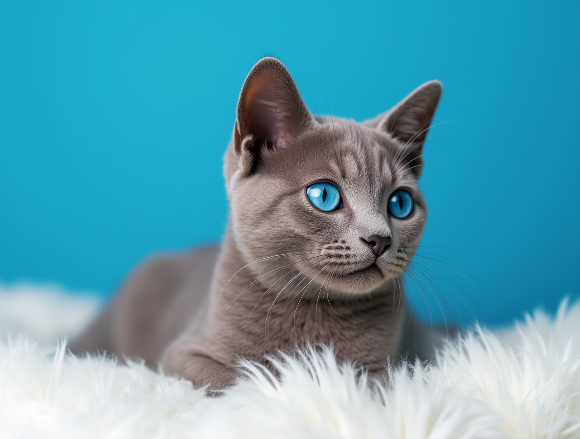 Gato British Blue con impresionantes ojos azules posando sobre una manta suave frente a un fondo azul.