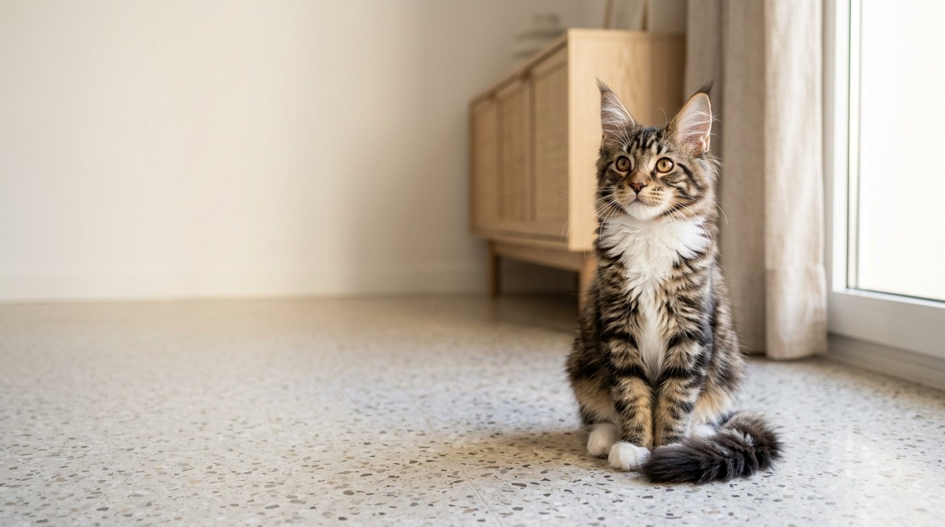 Gatito maine coon atigrado marrón de unas catorce semanas sentado en el suelo de un salón luminoso, con los pinceles de las orejas y las patas grandes típicas de la raza