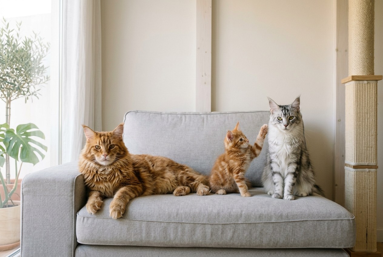 Pareja de maine coon adultos, un macho grande atigrado rojo y una hembra atigrada plateada, tumbados junto a un gatito de su camada en el salón de un criadero