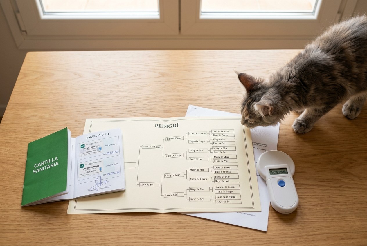 Gatito maine coon sobre una mesa de madera junto a su cartilla sanitaria abierta por la página de vacunaciones, el certificado de pedigrí y un lector de microchip