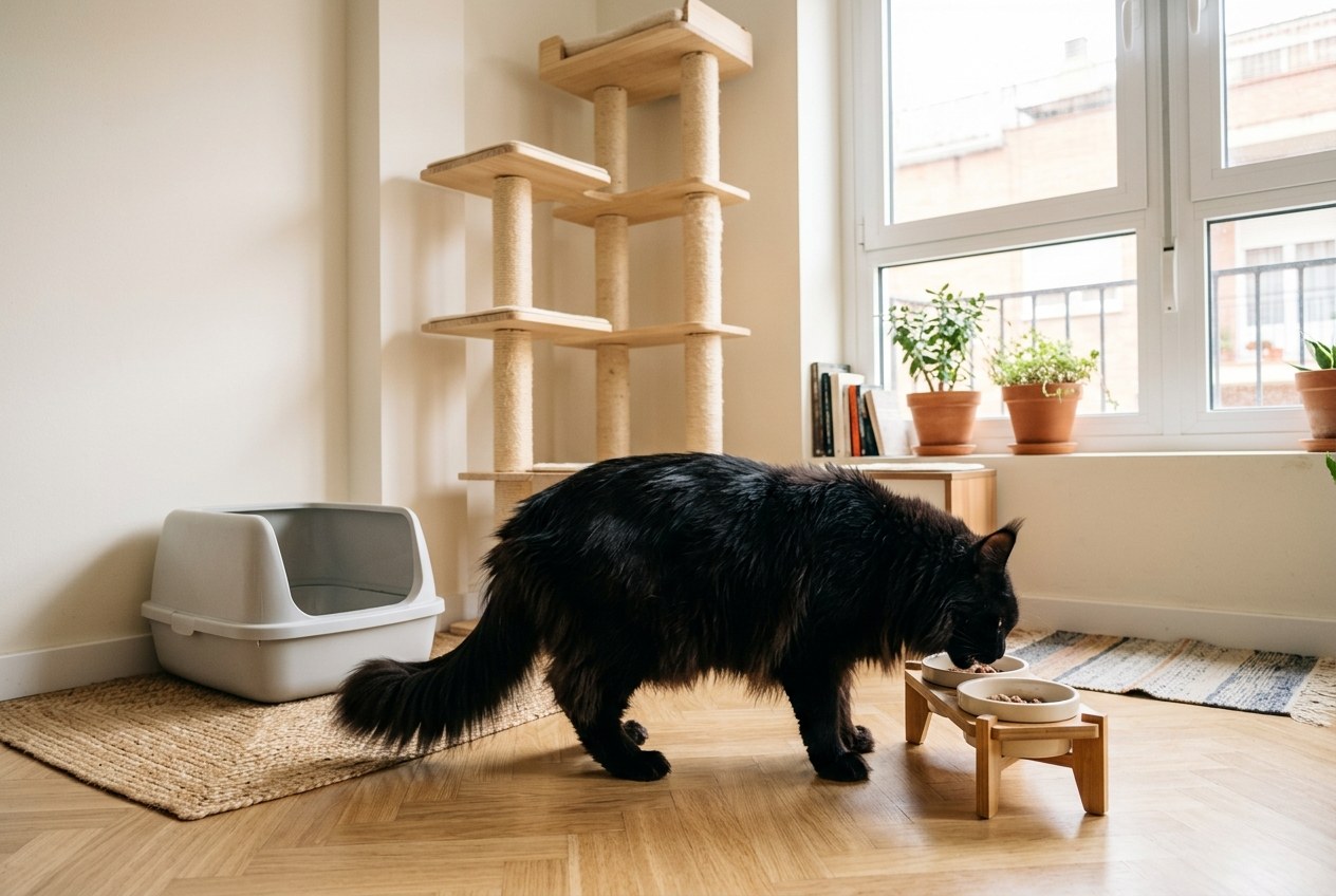 Maine coon adulto negro comiendo de un comedero elevado junto a un rascador alto y robusto y un arenero grande en un piso español