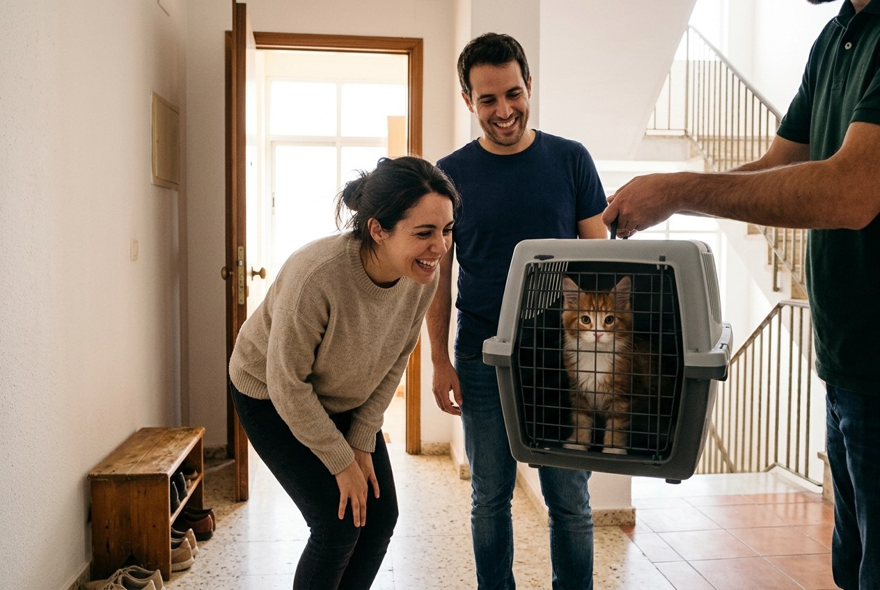 Pareja joven recibiendo en la puerta de su piso a un gatito maine coon en un transportín, entregado en persona por el criador