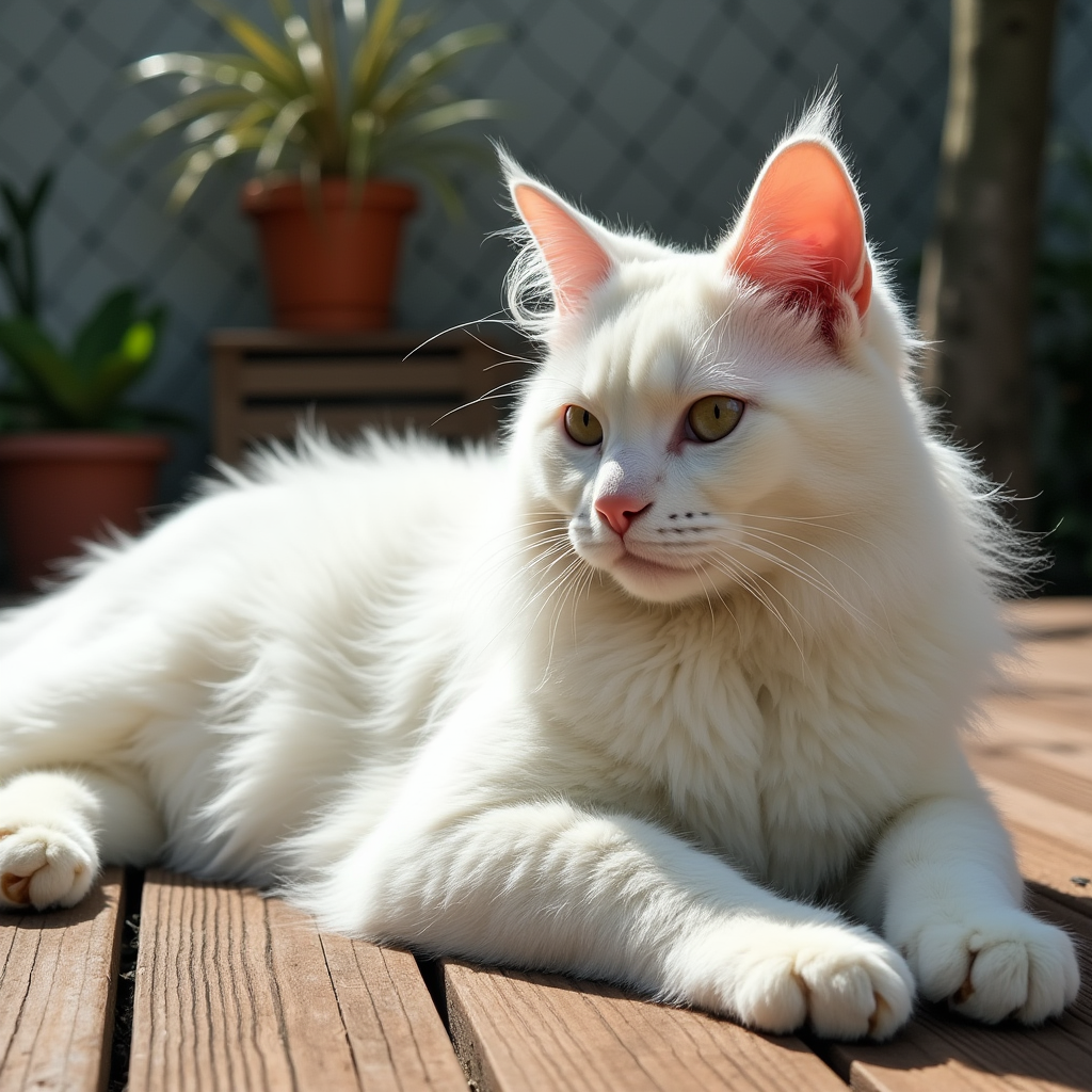 Maravilloso gato Maine Coon blanco de Topcats recostado al aire libre, ¡haz clic y descubre cómo esta raza destaca por su gran tamaño y elegancia!