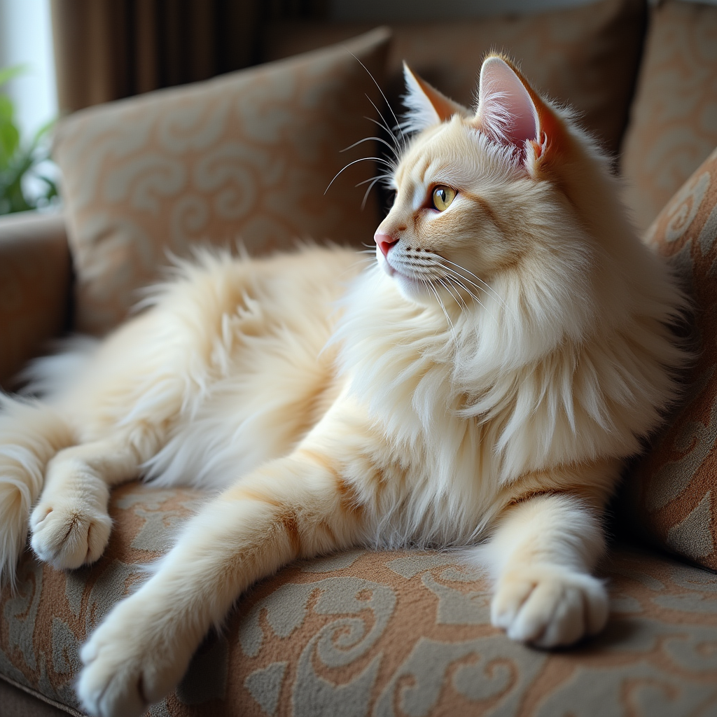 Majestuoso gato Maine Coon color crema de Topcats descansando en un sofá, ¡haz clic para descubrir más sobre su impresionante tamaño y características!