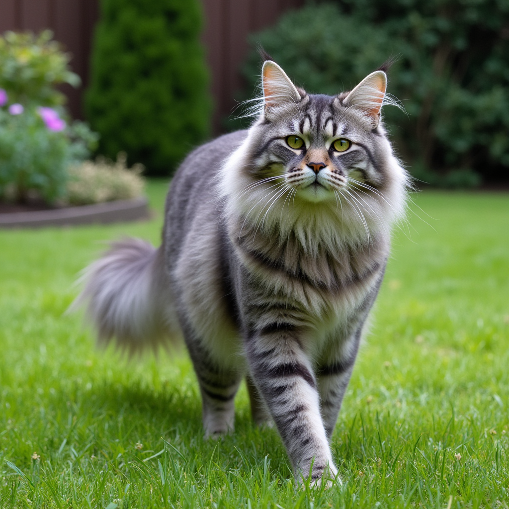 Impresionante gato Maine Coon de Topcats con pelaje gris plateado paseando por el césped, ¡haz clic y descubre más sobre su carácter y cuidados!