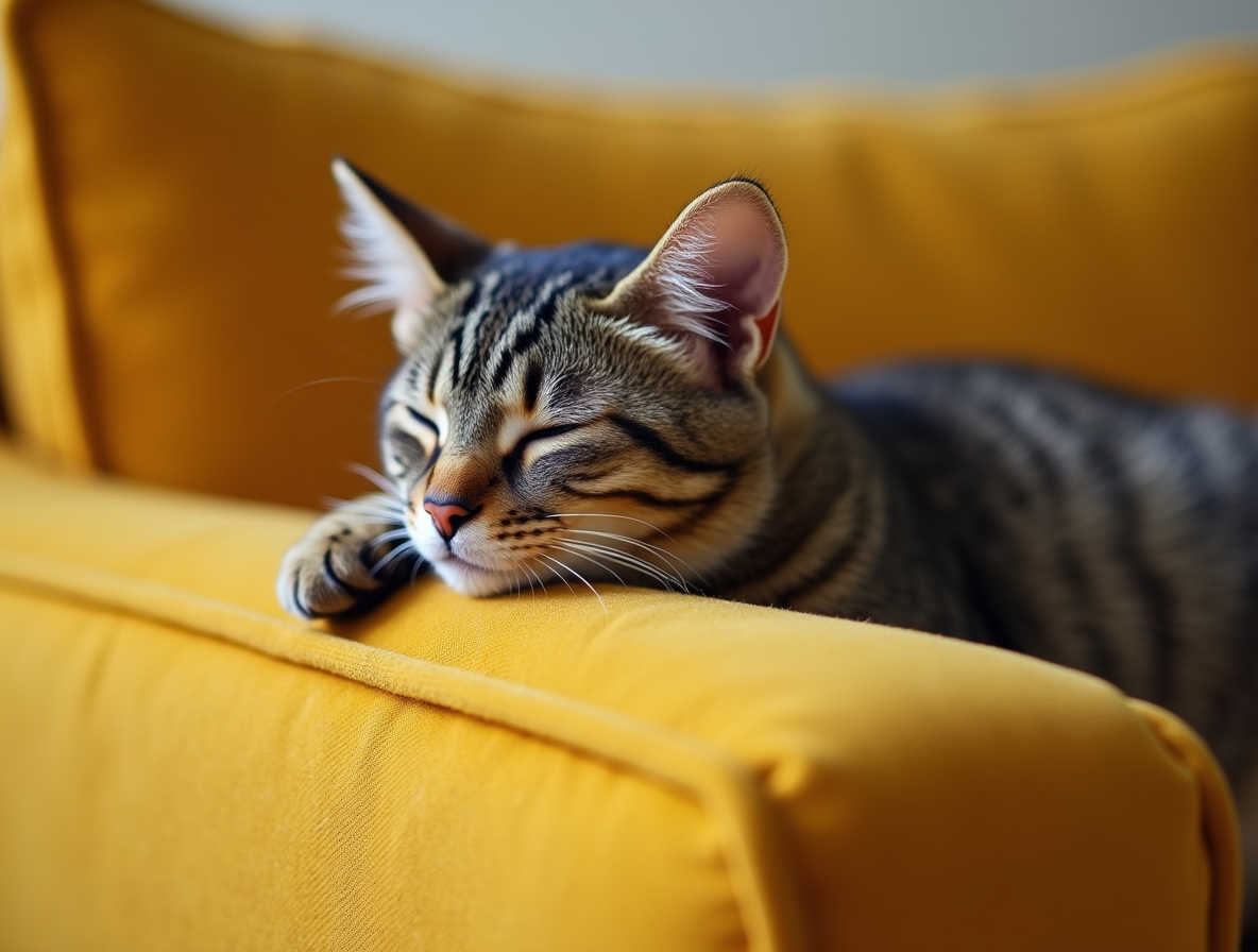 Un gato descansando plácidamente en el respaldo de un sofá amarillo, representando los beneficios de tener un gato en casa con Topcats