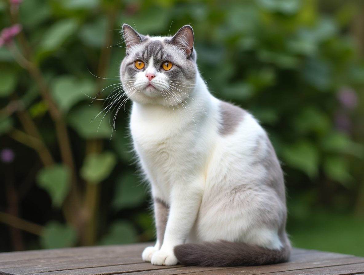 Gato British Shorthair blanco y gris con ojos anaranjados sentado en un jardín, mostrando los colores del British Shorthair en Topcats