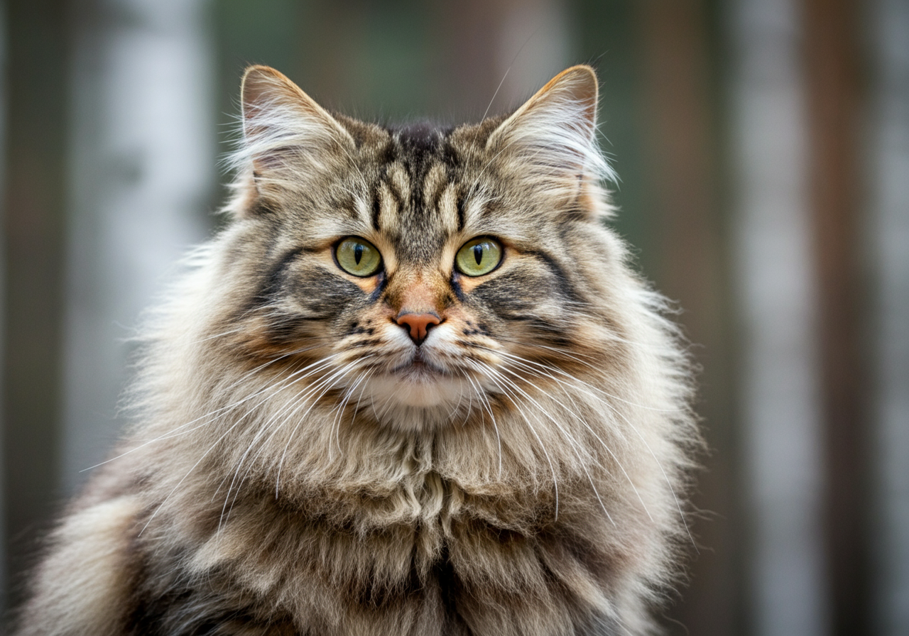 Gato hipoalergénico Siberiano de Topcats con frondoso pelaje marrón y ojos verde esmeralda posando en un bosque