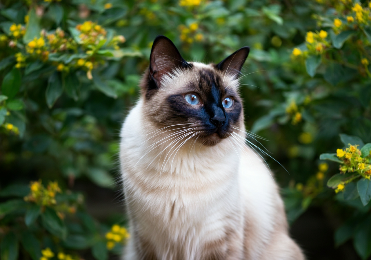 Gato hipoalergénico Balinés de Topcats con sedoso pelaje crema y máscara marrón, ojos azules intensos y fondo de arbustos con flores amarillas
