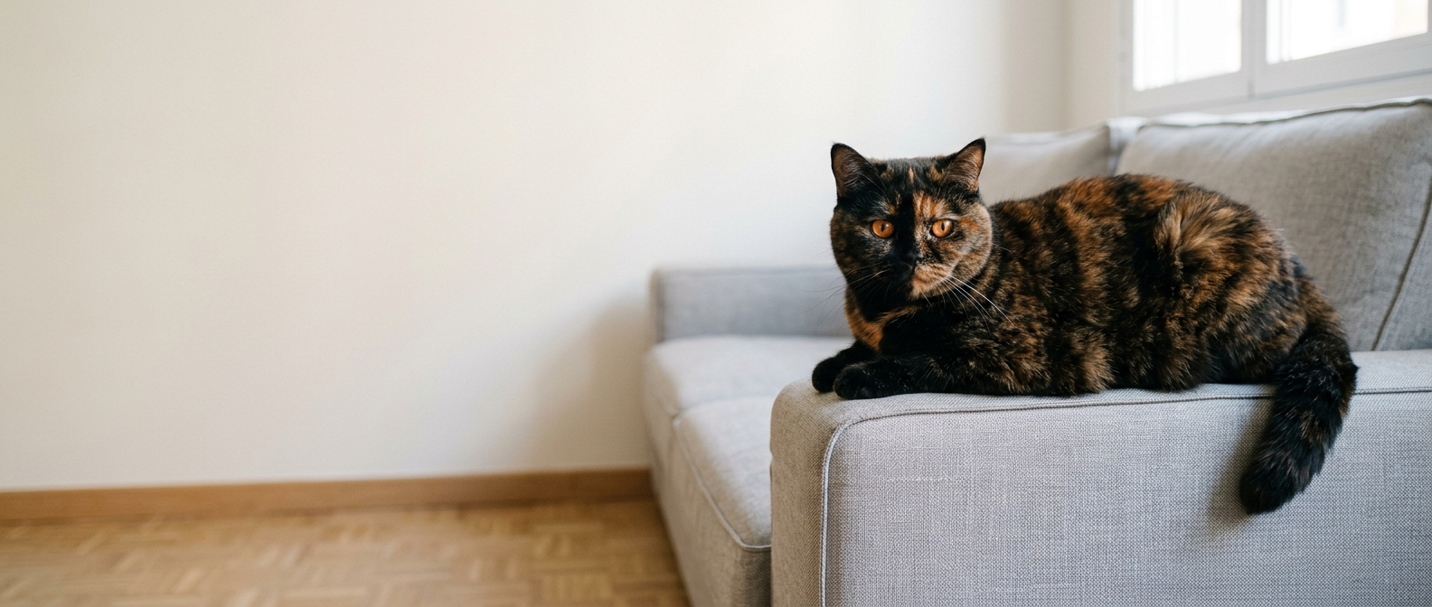 Gata british shorthair carey adulta, de pelo corto negro y rojo mezclado sin blanco, tumbada en el brazo de un sofá gris claro