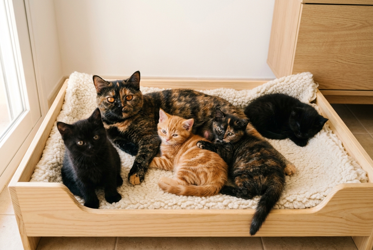 Gata british shorthair carey tumbada con su camada de cuatro gatitos: dos negros, uno rojo atigrado y una carey como su madre