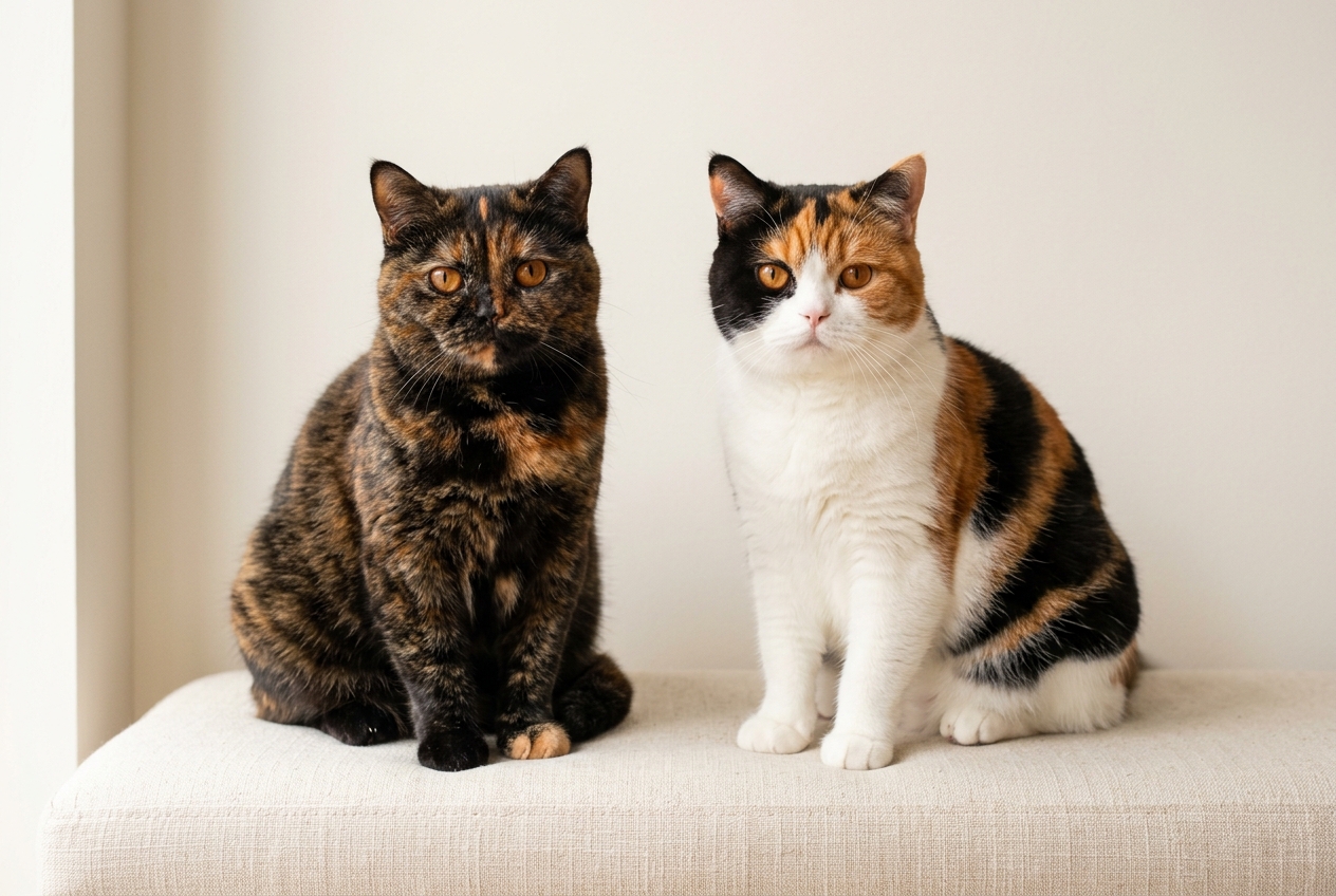 Dos gatas british shorthair sentadas juntas para comparar: una carey de pelo negro y rojo sin blanco y una calicó con el pecho, las patas y el vientre blancos