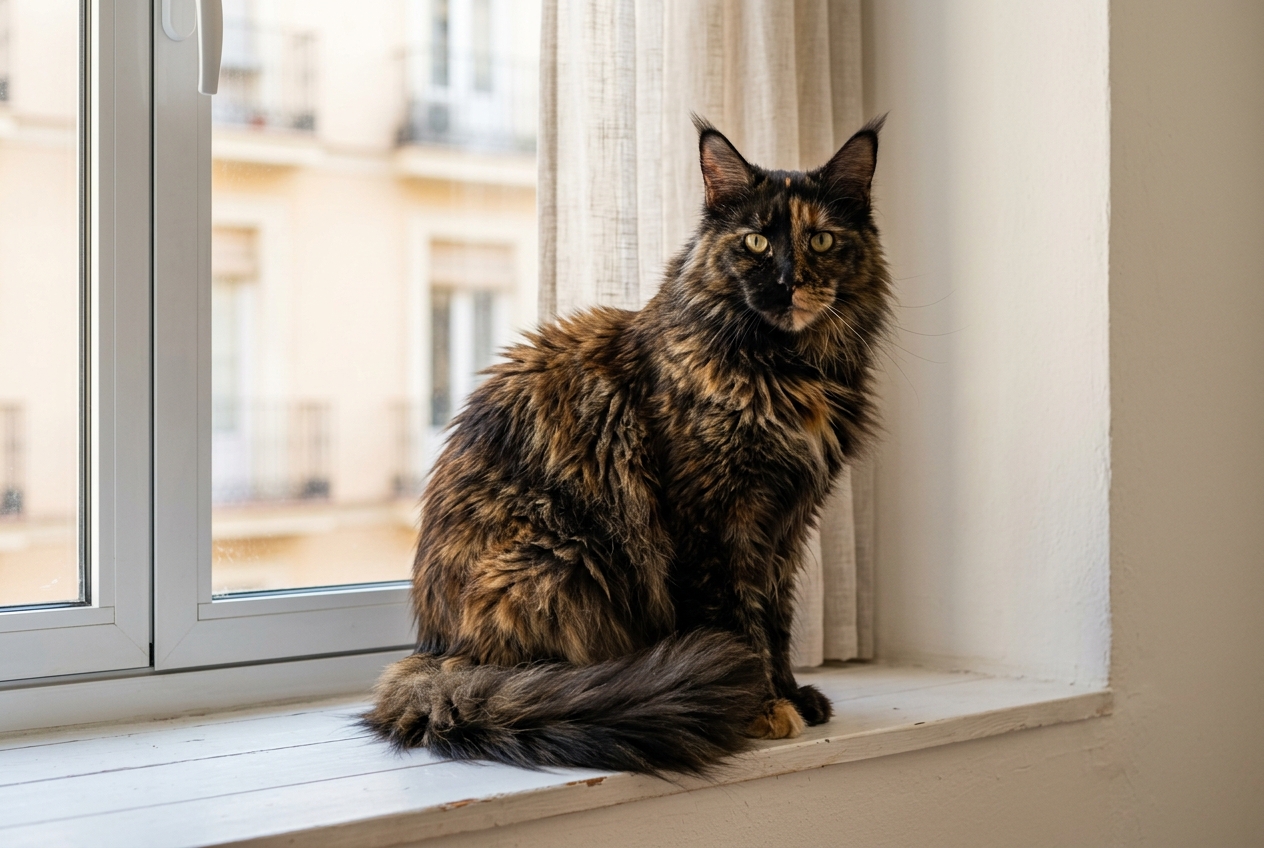 Gata maine coon carey adulta, de pelo semilargo negro y rojo, con gorguera, orejas con pinceles y cola poblada, sentada en el alféizar de una ventana
