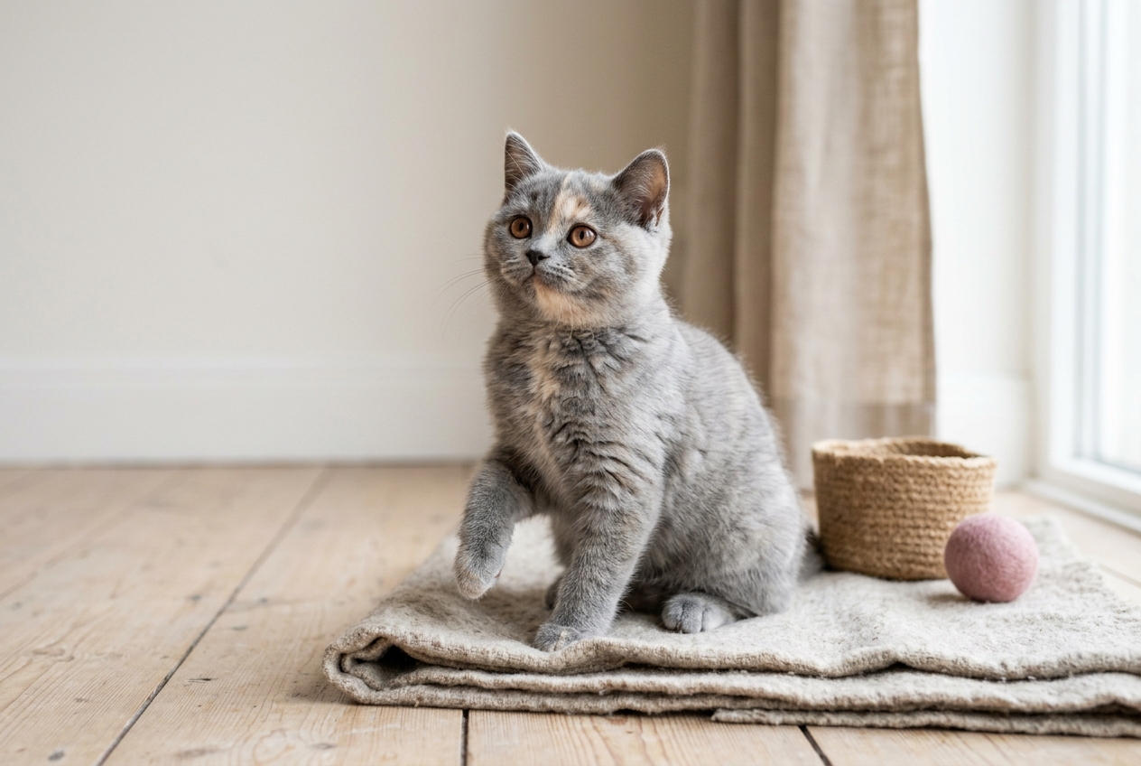 Gatita british shorthair azul-crema de unas catorce semanas, la versión diluida del carey en gris azulado y crema, sentada sobre una manta en un salón
